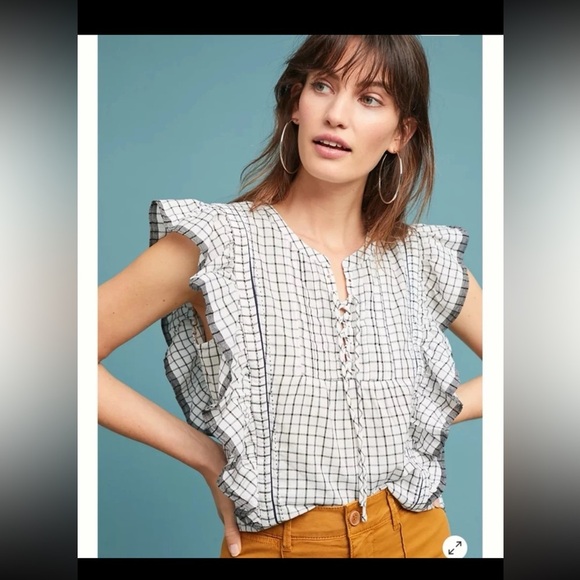 Anthropologie Scotch & Soda Lace Up Neck Ruffle Sleeve Top, White/Navy
Medium - Picture 8 of 12